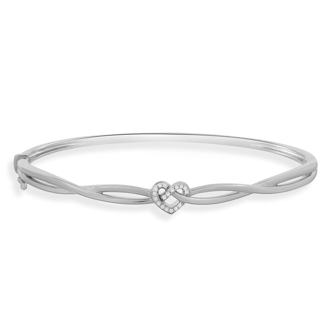 Jewelili Heart Twisted Bangle Bracelet in Sterling Silver with Natural White Diamonds 1/10 CTTW View 1