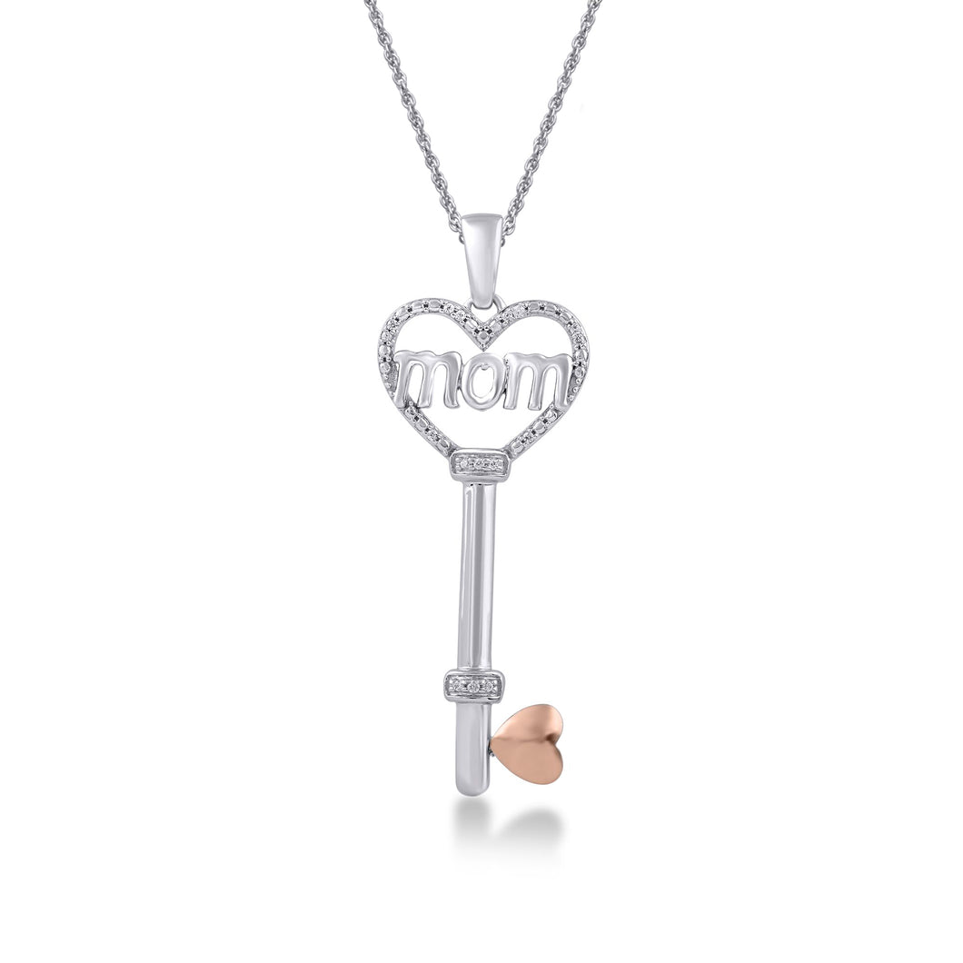 Jewelili Mom Heart Key Pendant Necklace Diamond Jewelry in Rose Gold Over Sterling Silver - View 1