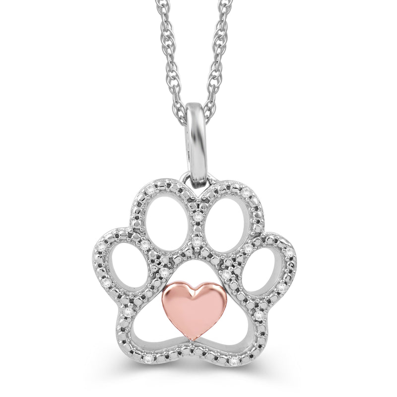 Jewelili Sterling Silver and 10K Rose Gold Natural White Round Diamonds Paw Heart Pendant Necklace
