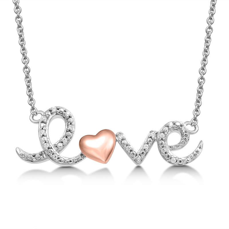 Jewelili Sterling Silver and 10K Rose Gold Natural White Diamonds Love Pendant Necklace