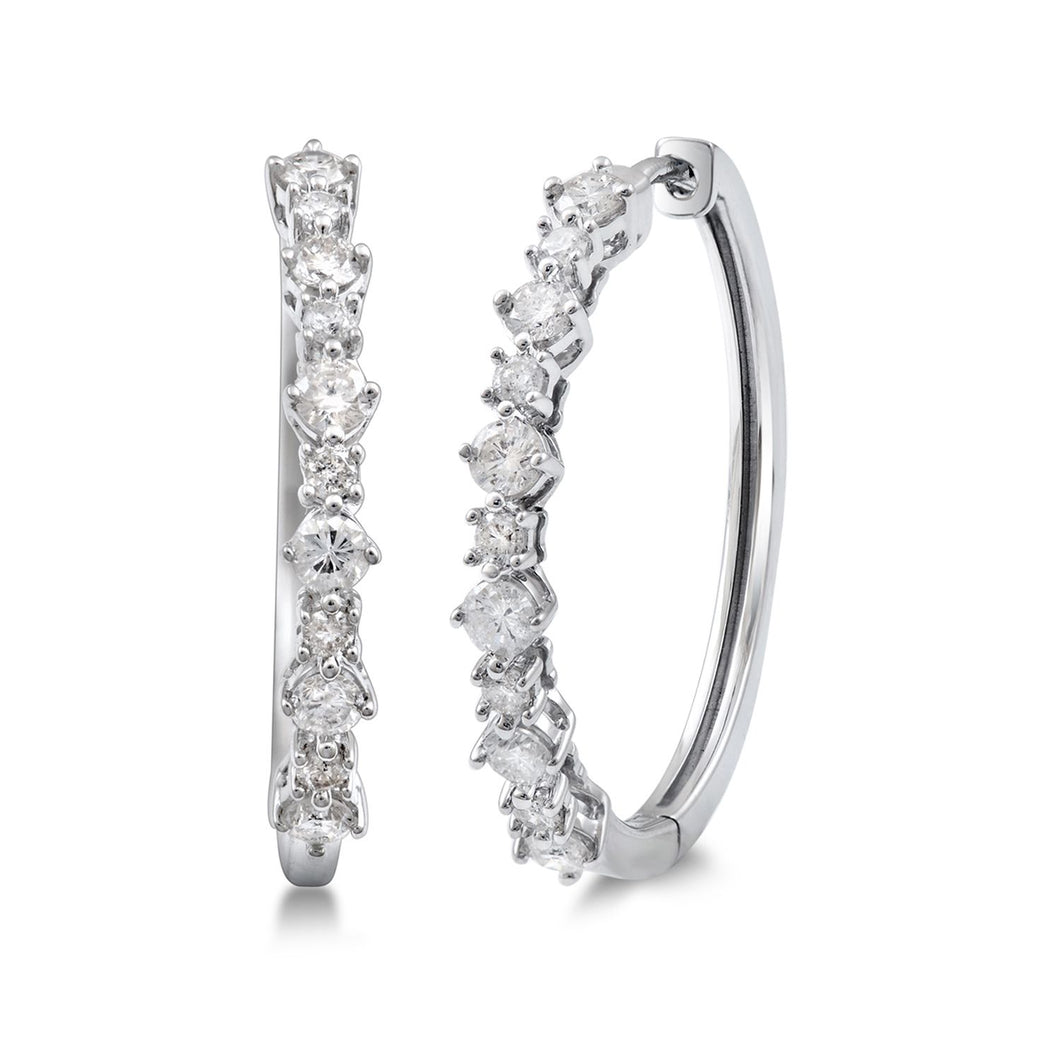 Jewelili Sterling Silver With 1.00 CTTW Natural White Diamond Hoop Earrings