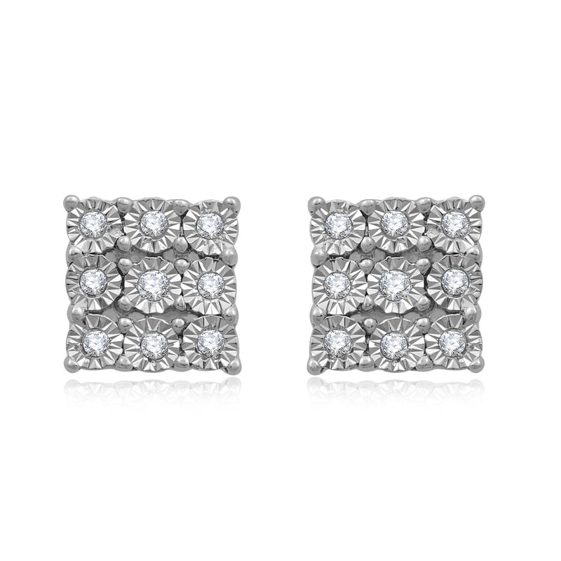 Jewelili Sterling Silver With 1/10 CTTW Natural White Diamond Square Stud Earrings