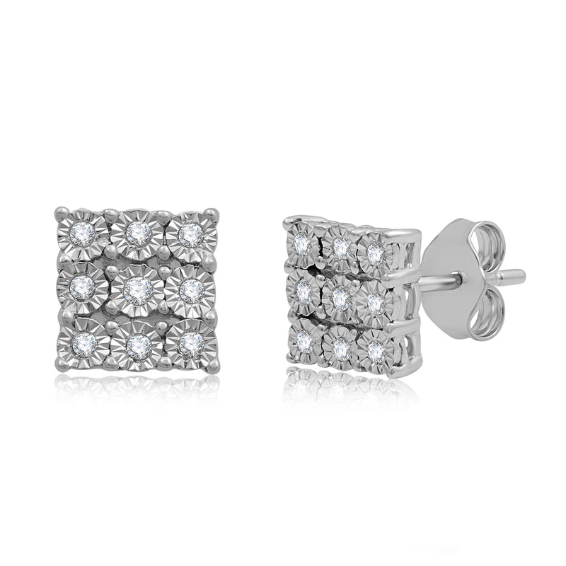 Jewelili Sterling Silver With 1/10 CTTW Natural White Diamond Square Stud Earrings