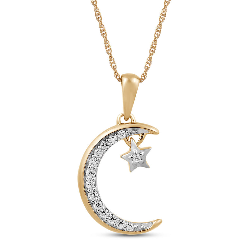 Jewelili 10K Yellow Gold With 1/10 CTTW Natural White Round Diamonds Moon Star Pendant Necklace