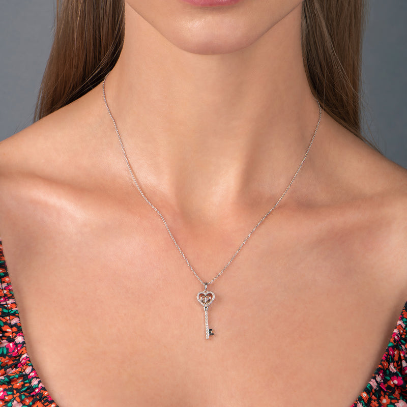 Jewelili Sterling Silver and 10K Rose Gold with 1/10 CTTW Diamonds Key Pendant Necklace