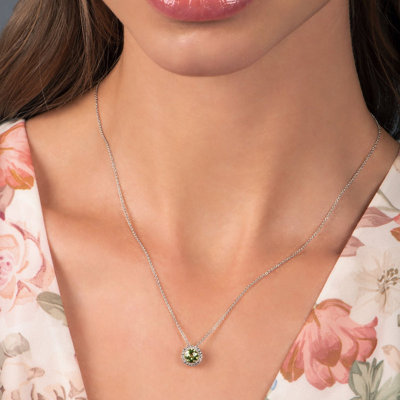 Jewelili Sterling Silver with Round Peridot and Created White Sapphire Halo Pendant Necklace