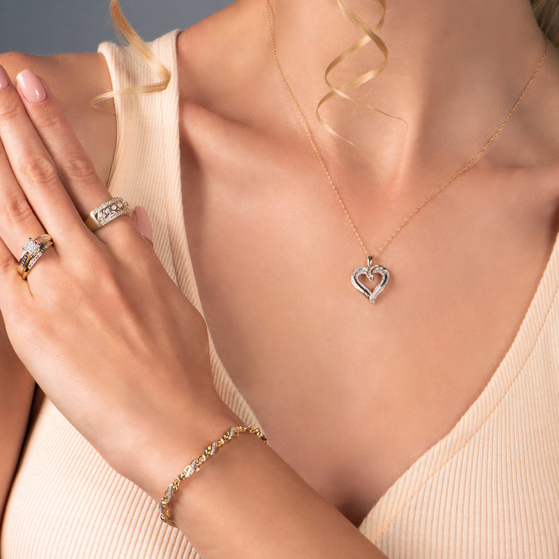 Jewelili 10K Yellow Gold With 1/4 CTTW Diamonds Heart Shape Pendant Necklace