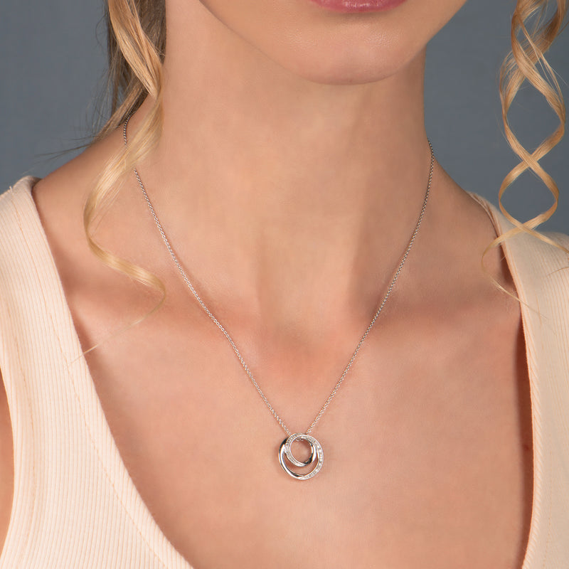 Jewelili Sterling Silver With Natural White Diamond Accent Double Circle Pendant Necklace