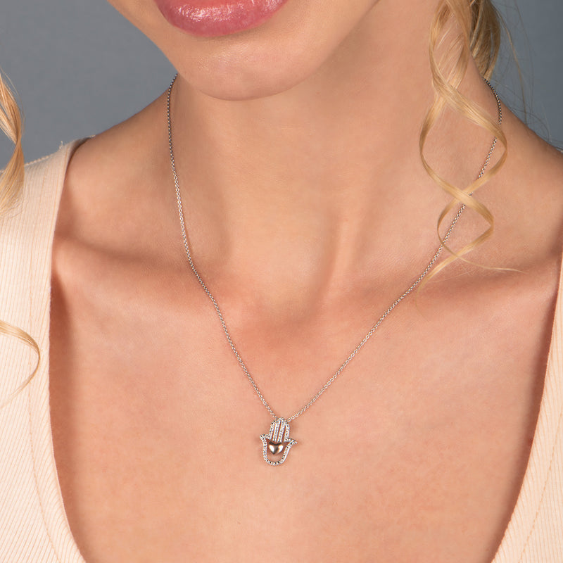 Jewelili Sterling Silver and 10K Rose Gold with Natural White Diamonds Hamsas Pendant Necklace
