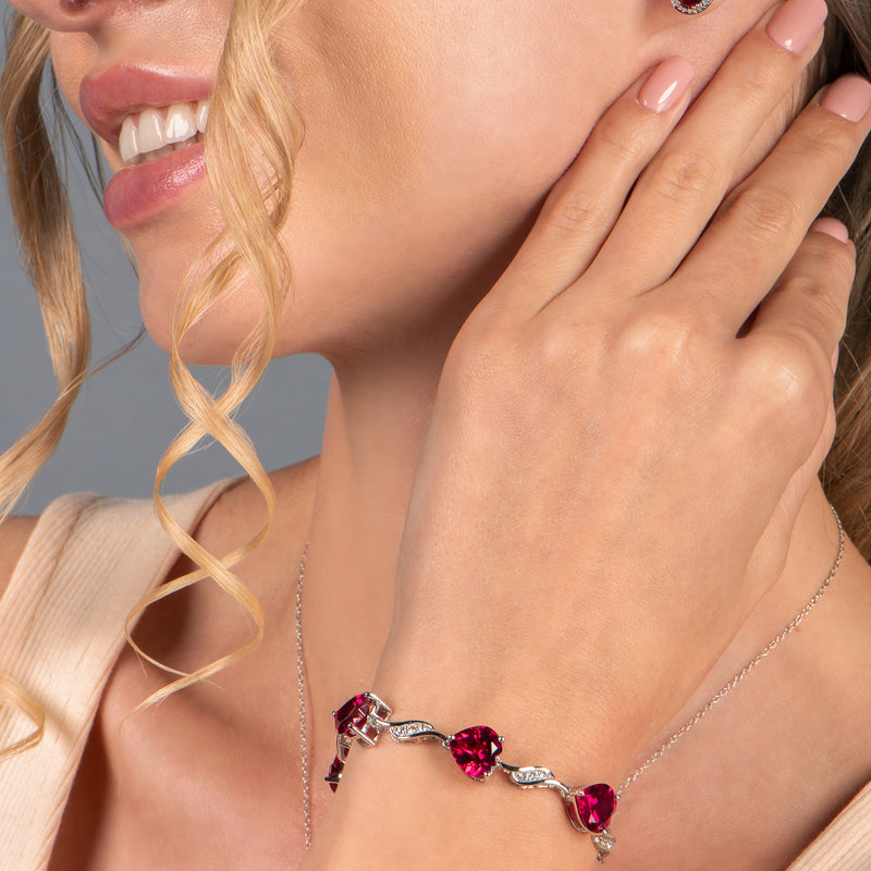Jewelili Bracelet with Heart Shaped Created Ruby and Round Created White Sapphire in Sterling Silver 7.25" View 1