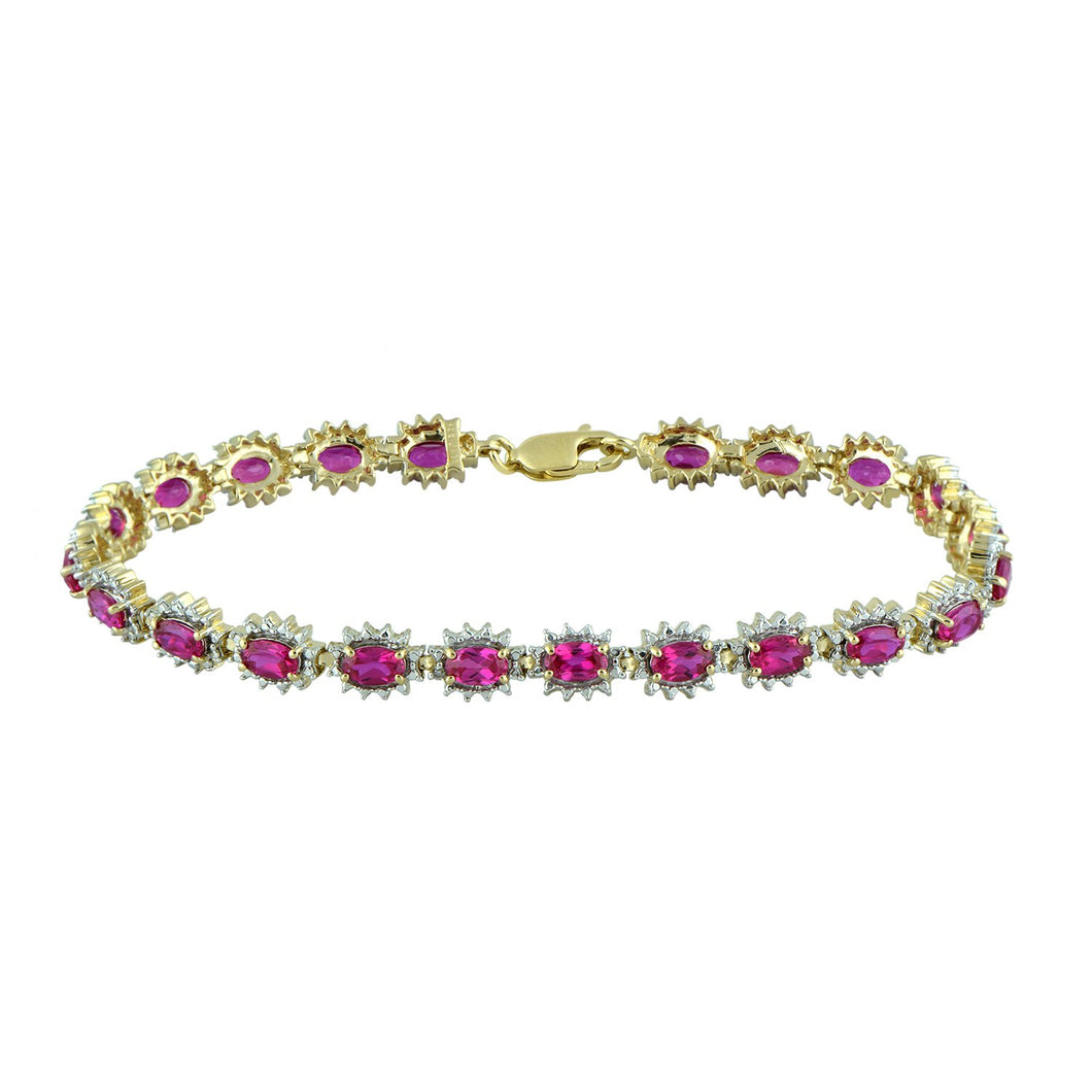 Jewelili Tennis Bracelet with Created Ruby and Round Diamonds in 14K Yellow Gold over Sterling Silver 
