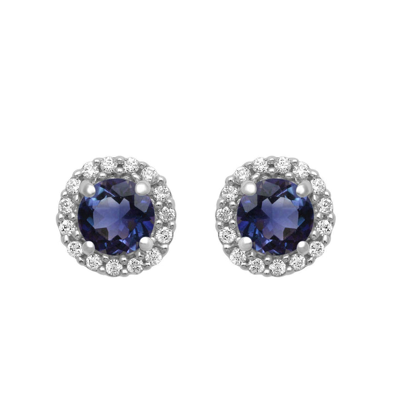 Jewelili Sterling Silver With Round Created Blue Sapphire and Cubic Zirconia Earrings