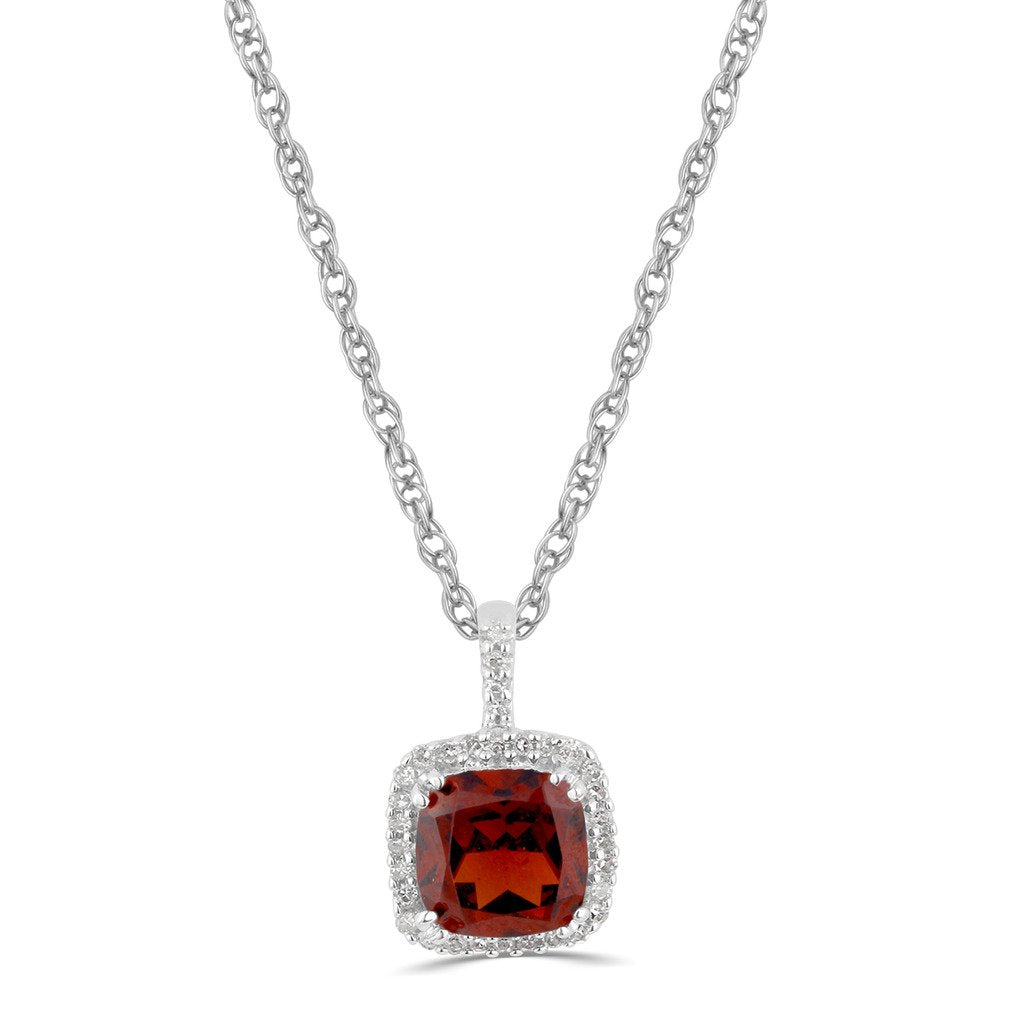 Jewelili Halo Pendant Necklace with Diamonds and Red Garnet in 10K White Gold 1/12 CTTW
