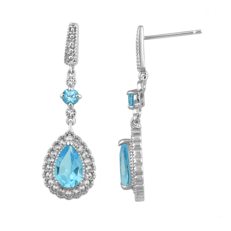 Jewelili Teardrop Drop Earrings with Pear and Round Blue Topaz, Created Round White Sapphire in Sterling Silver View 2