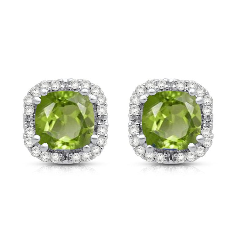 Jewelili Peridot Stud Earrings with Round Natural Diamonds and Cushion Cut in 10K White Gold 1/10 CTTW View 2