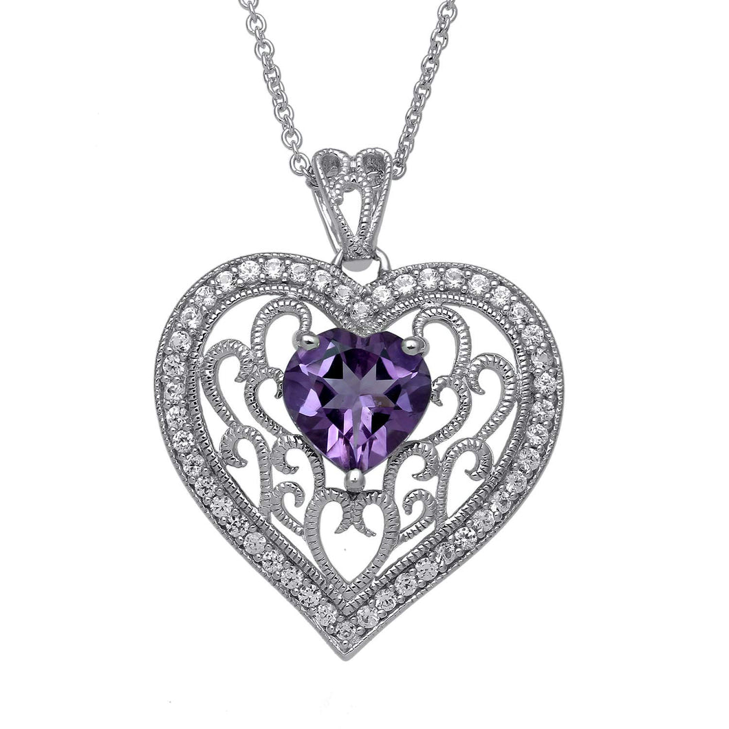 Jewelili Sterling Silver Heart Cut Amethyst and Round Created White Sapphire Heart Pendant Necklace