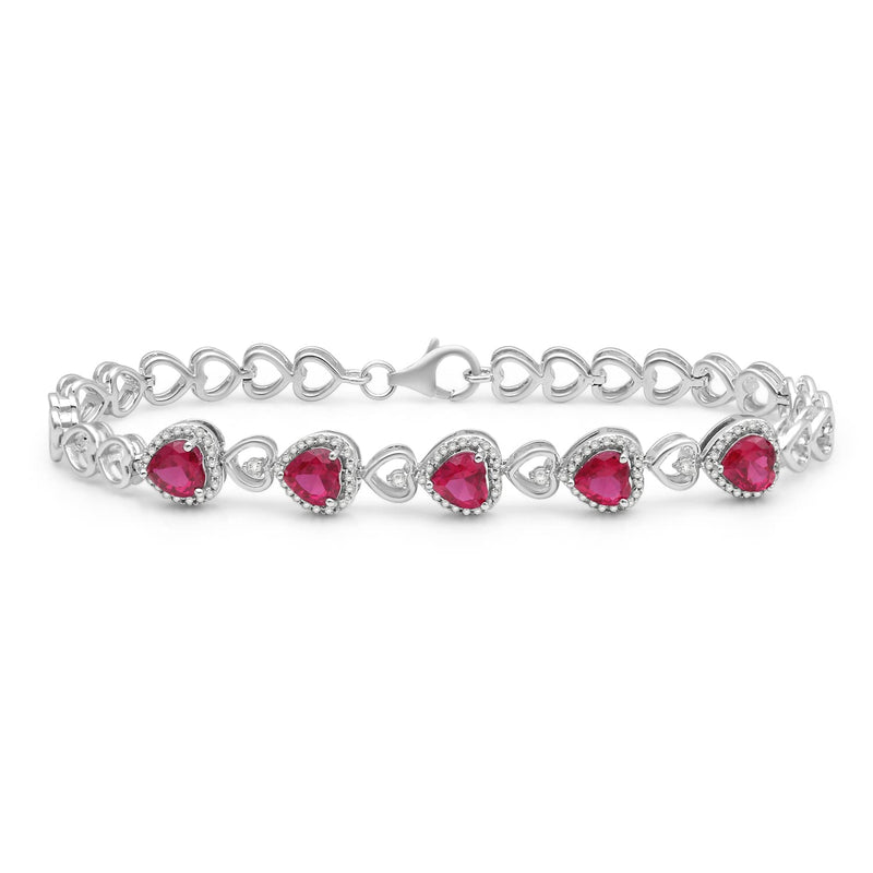 Jewelili Heart Shape Bracelet with Created Ruby and Created White Sapphire in Sterling Silver View 1