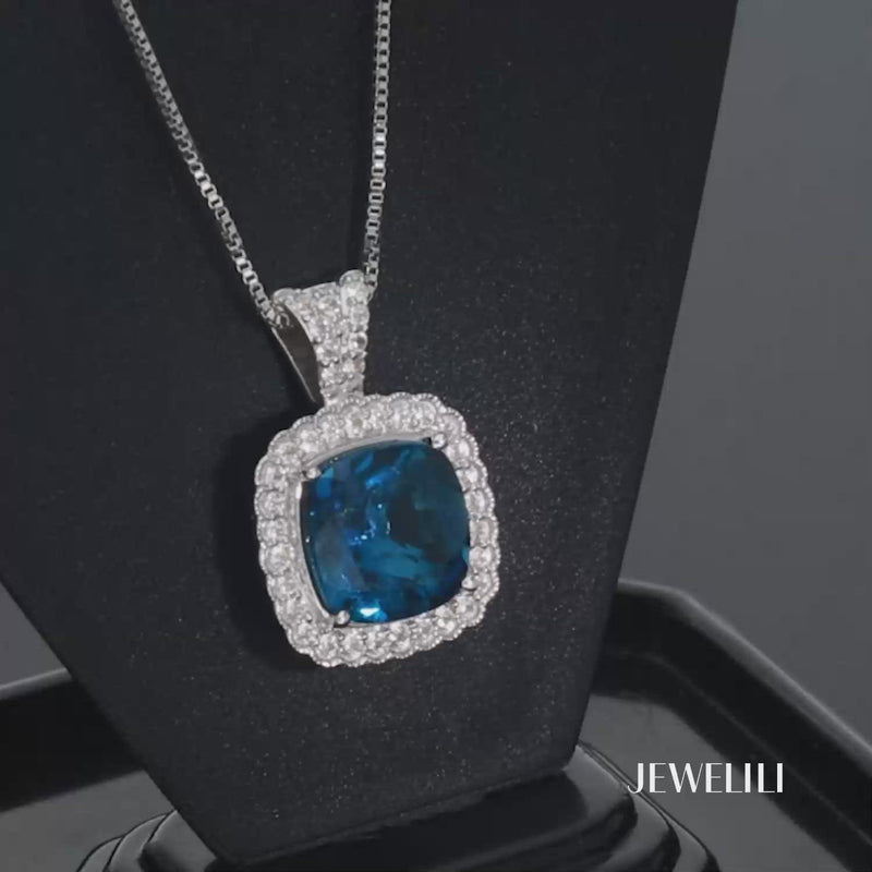 Jewelili Round Halo Pendant Necklace Swiss Blue and White Topaz
