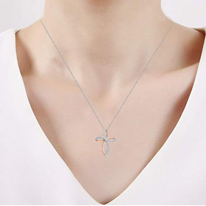 Jewelili 14K Rose Gold Over Sterling Silver with 1/10 CTTW Natural White Round Diamonds Cross Pendant Necklace