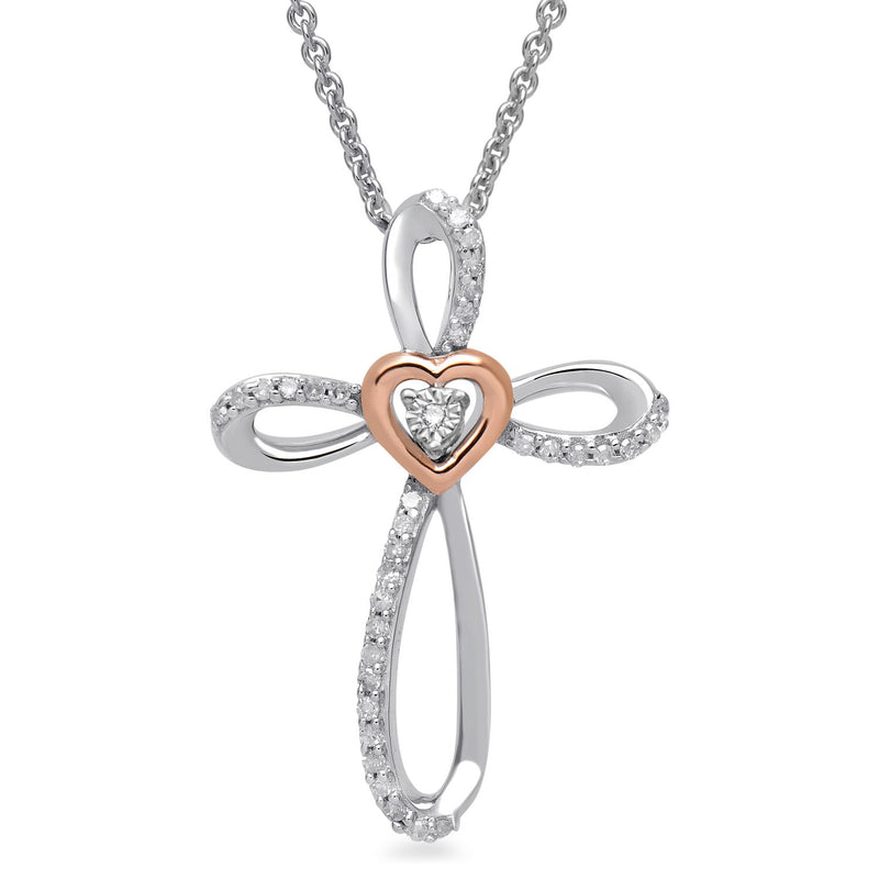 Jewelili 10K Rose Gold and Sterling Silver with 1/10 CTTW Diamonds Cross Pendant Necklace
