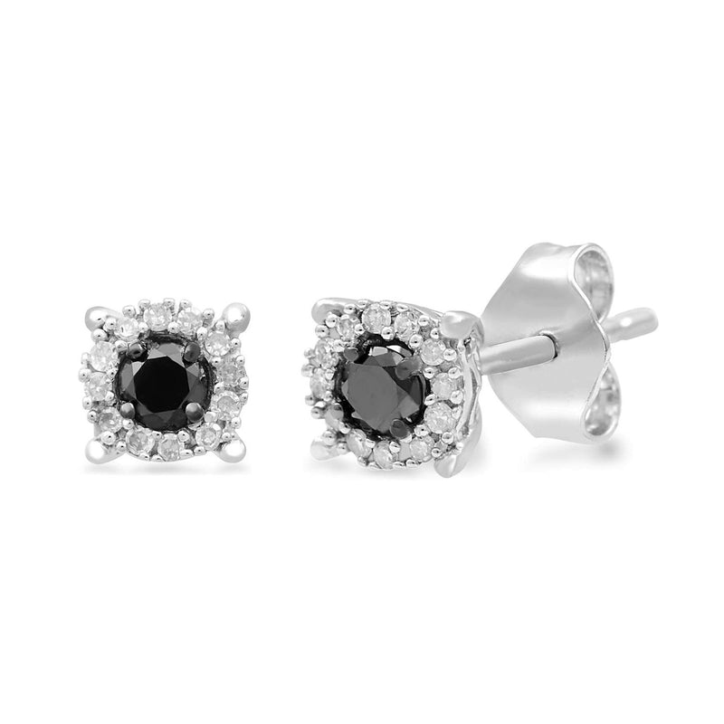 Jewelili Sterling Silver With 1/4 CTTW Treated Black and Natural White Diamonds Halo Stud Earrings