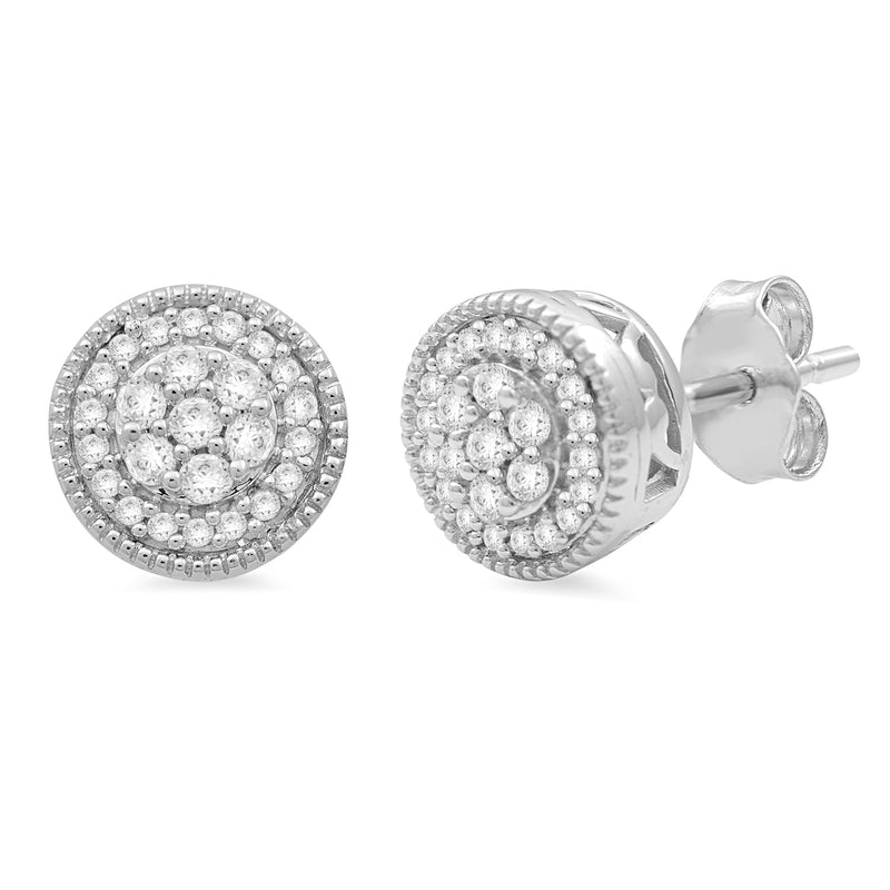 Jewelili Sterling Silver With 1/4 CTTW White Diamonds Cluster Stud Earrings