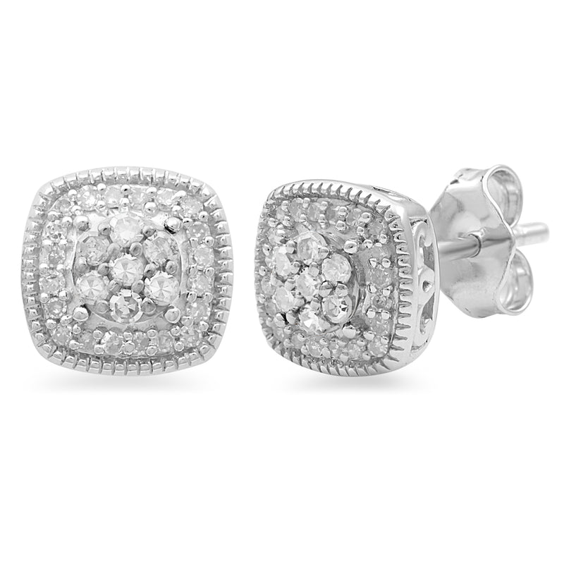 Jewelili Cluster Stud Earrings with Natural White Round Diamonds in Sterling Silver 1/4 CTTW View 1