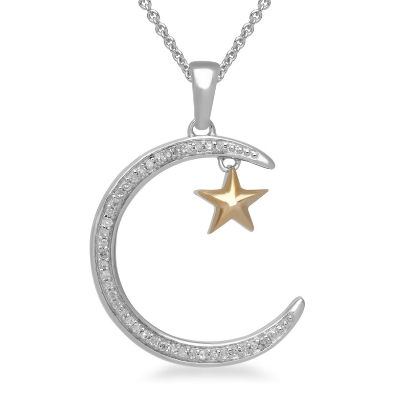 Jewelili Sterling Silver and 10K Yellow Gold 1/10 CTTW Diamonds Moon and Star Pendant Necklace