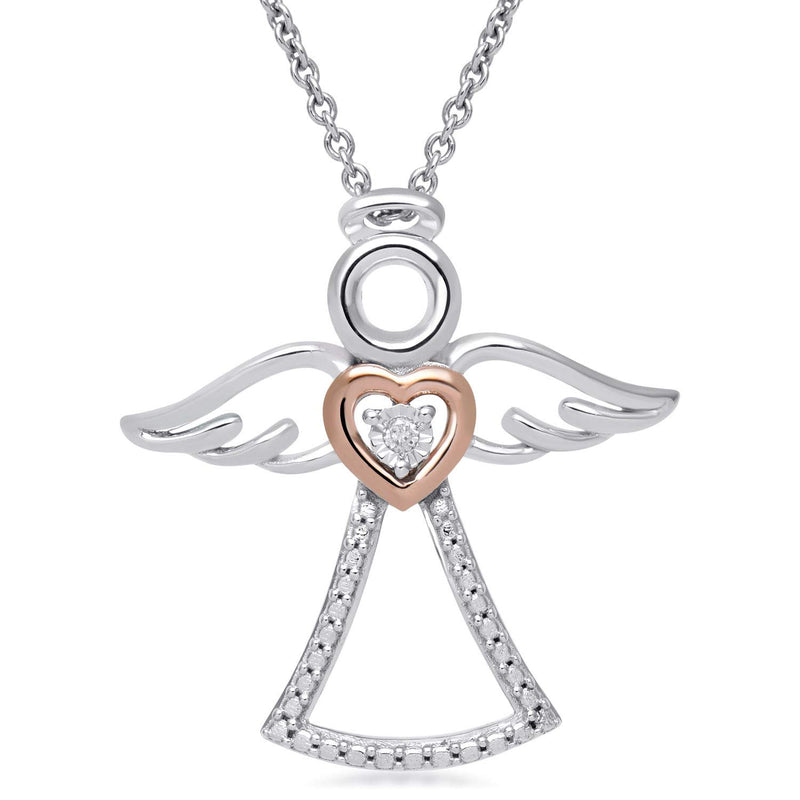 Jewelili Sterling Silver and 10K Rose Gold with Diamonds Archangel Pendant Necklace
