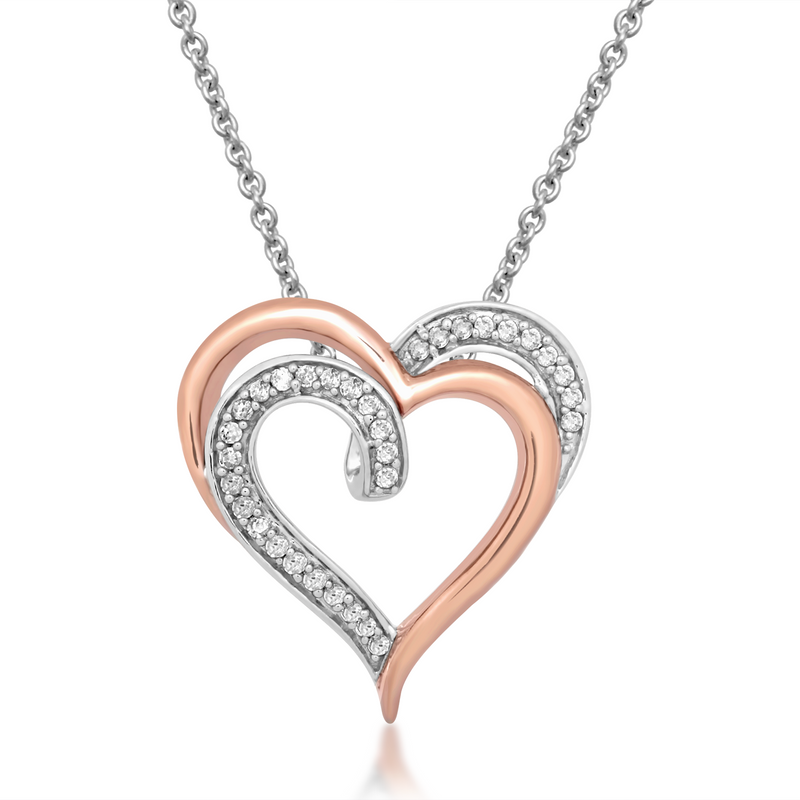 Jewelili 14K Rose Gold Over Sterling Silver With 1/10 CTTW Diamonds Heart Shape Pendant Necklace