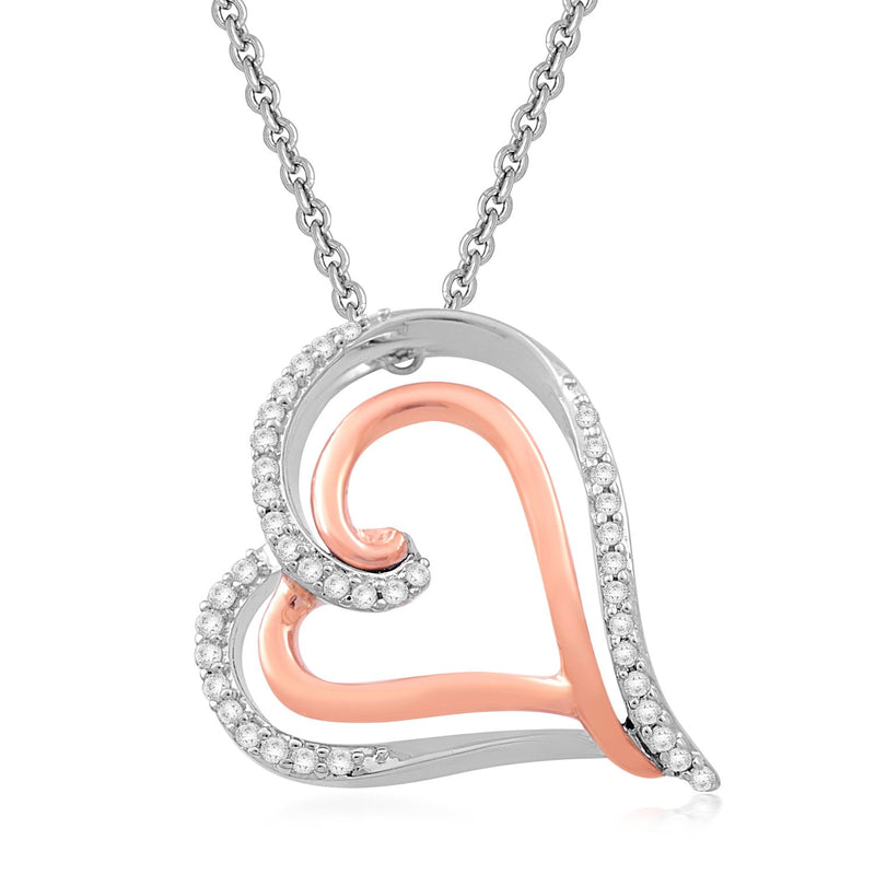 Jewelili 10K Rose Gold Over Sterling Silver with 1/10 CTTW Diamonds Heart Shape Pendant Necklace