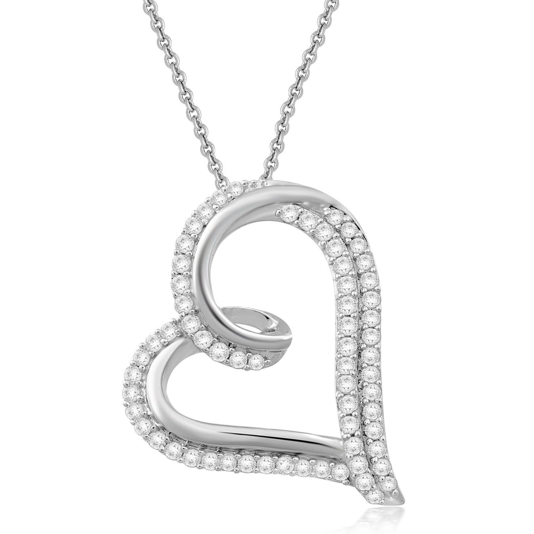 Jewelili Sterling Silver With 1/2 CTTW Diamonds Heart Shape Pendant Necklace