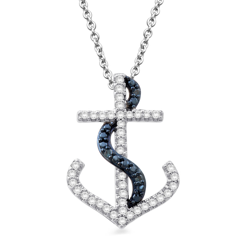 Jewelili Sterling Silver With 1/5 CTTW Treated Blue and Natural White Diamonds Anchor Pendant Necklace