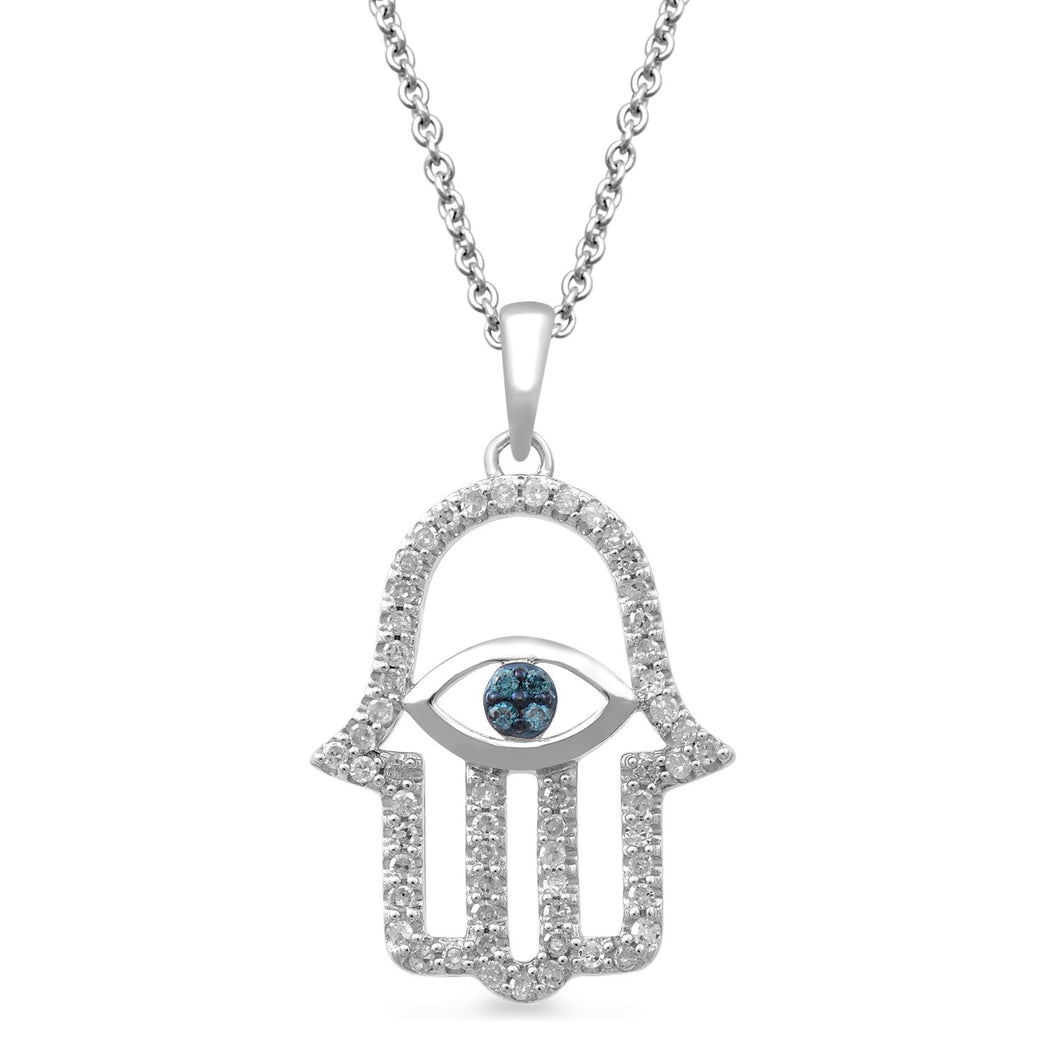 Jewelili Sterling Silver With 1/5 CTTW Treated Blue Diamonds and White Diamonds Hamsa Pendant Necklace