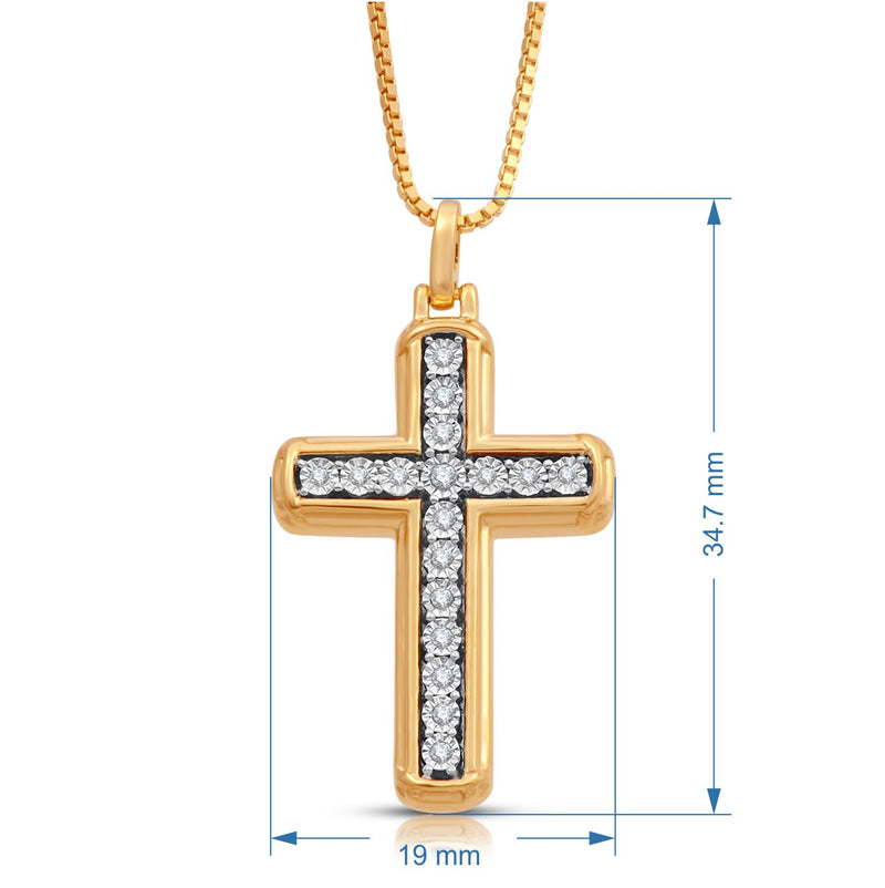 Jewelili 14K Yellow Gold over Sterling Silver 1/10 CTTW Natural White Round Miracle Plated Diamonds Mens Cross Pendant Necklace