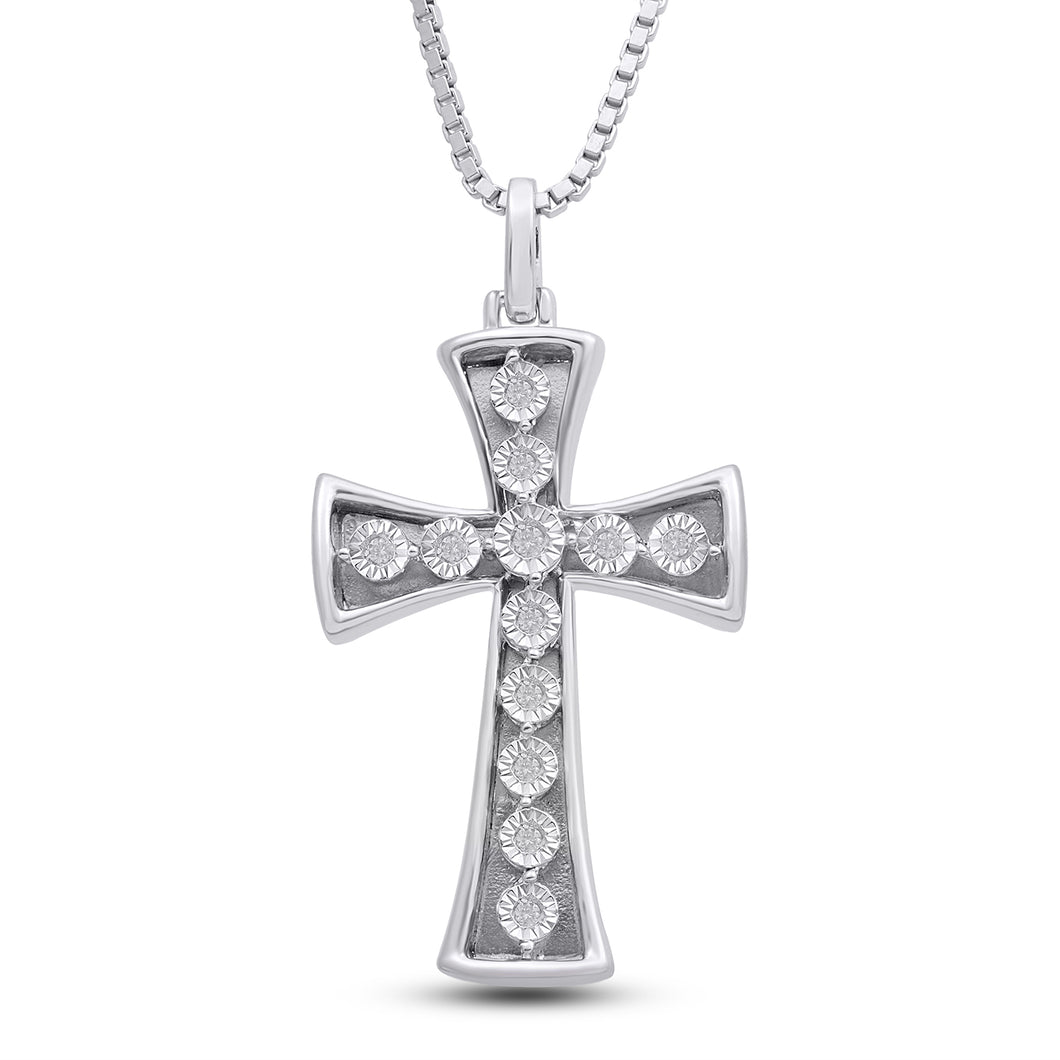 Jewelili Sterling Silver With 1/10 CTTW Natural White Round Miracle Plated Diamonds Mens Cross Pendant Necklace