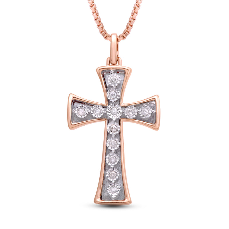Jewelili 14K Rose Gold Over Sterling Silver 1/10 CTTW Natural White Round Miracle Plated Diamonds Mens Cross Pendant Necklace