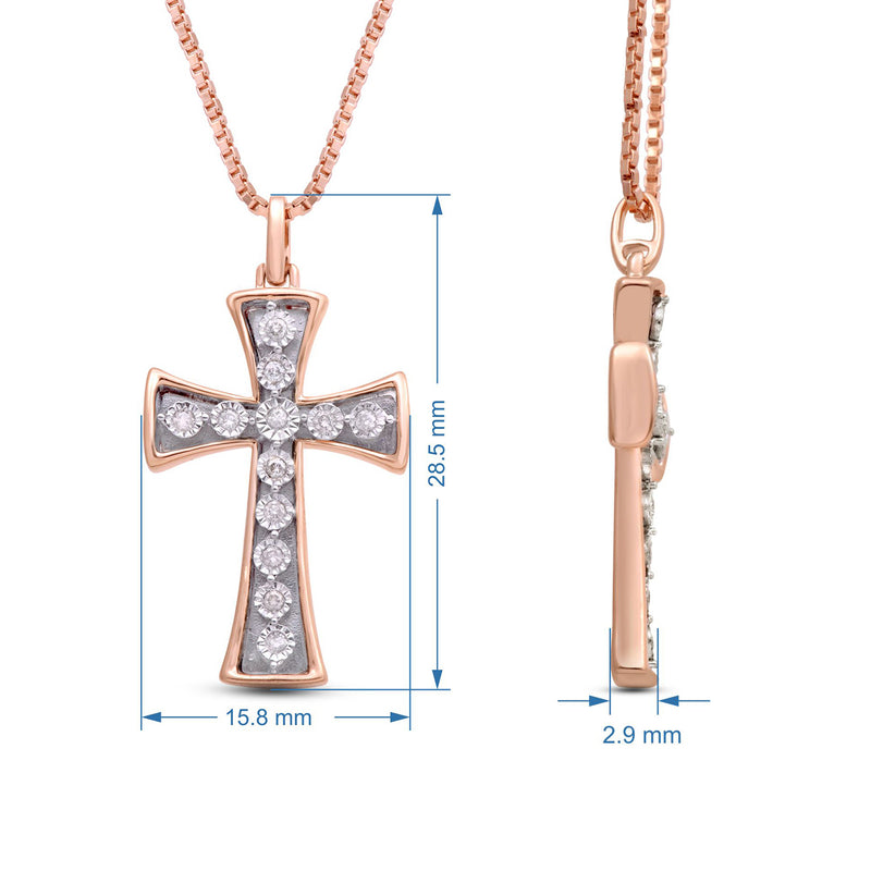 Jewelili 14K Rose Gold Over Sterling Silver 1/10 CTTW Natural White Round Miracle Plated Diamonds Mens Cross Pendant Necklace