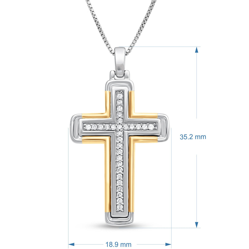 Jewelili 14K Yellow Gold over Sterling Silver With 1/5 CTTW Natural White Round Diamonds Men's Cross Pendant Necklace