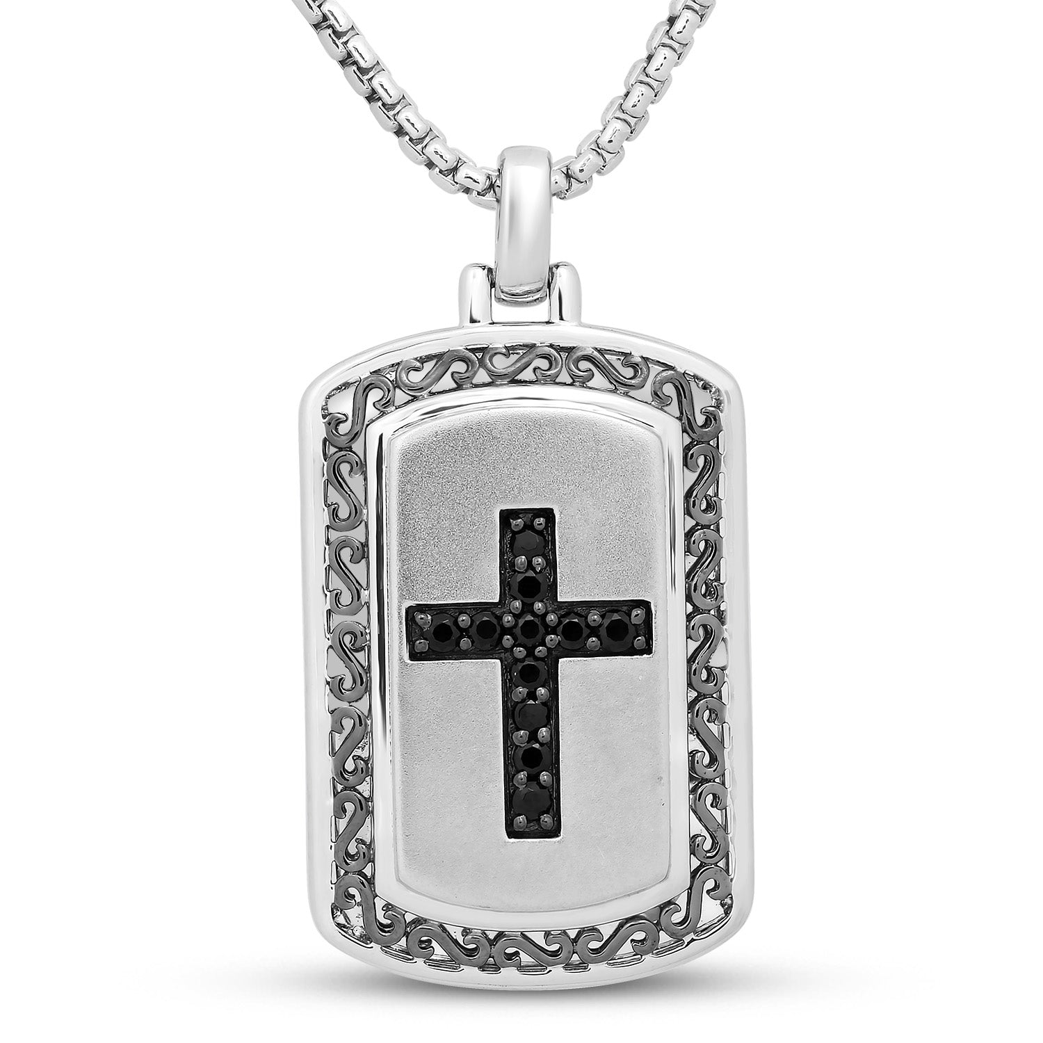 Jewelili Men's Dog Tags Cross Pendant Necklace Diamond Jewelry in Sterling  Silver