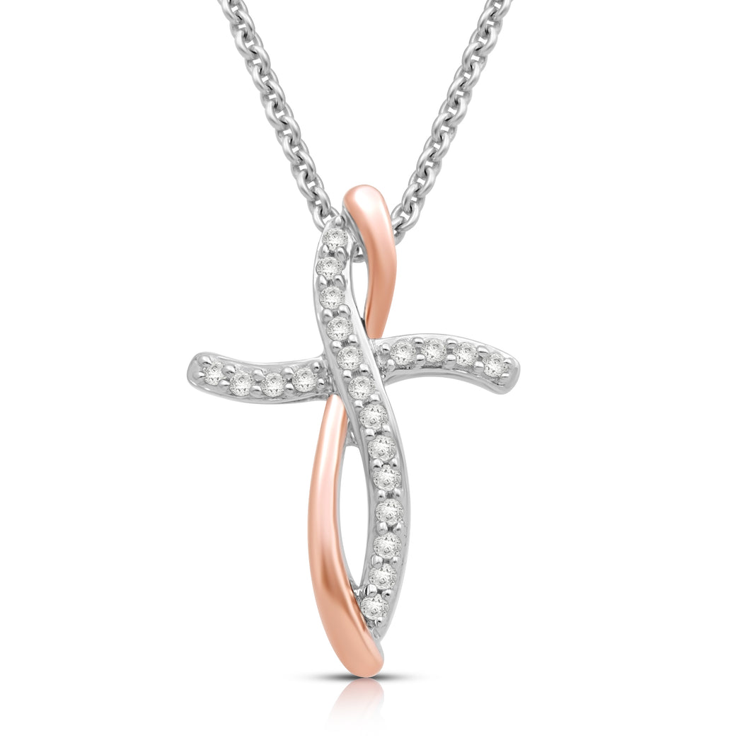 Jewelili Cross Pendant Necklace with Natural White Diamond in Rose Gold over Sterling Silver 1/10 CTTW