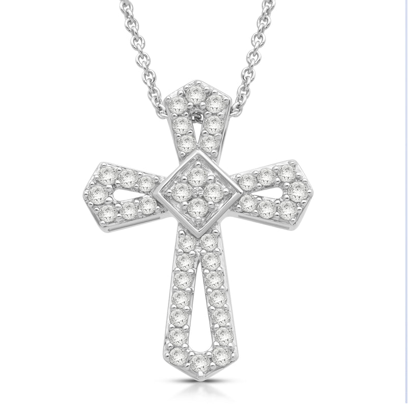 Jewelili Cross Pendant Necklace with Natural White Diamond in Sterling Silver 1/2 CTTW