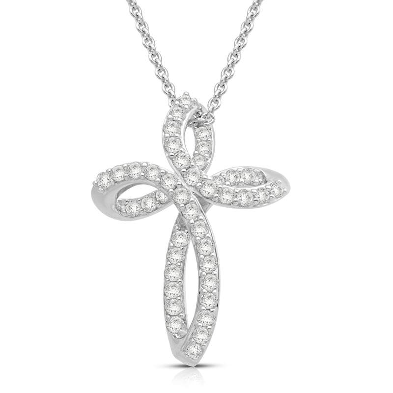 Jewelili Twist Cross Pendant Necklace with Natural White Diamond in Sterling Silver 1/2 CTTW