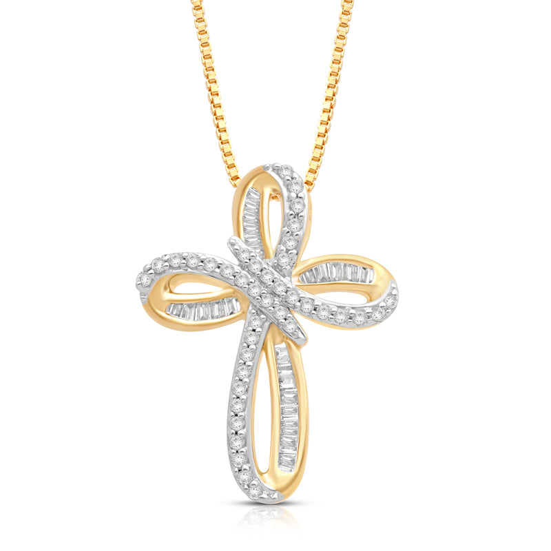 Jewelili Cross Pendant Necklace with Natural White Diamond in Yellow Gold over Sterling Silver 1/4 CTTW