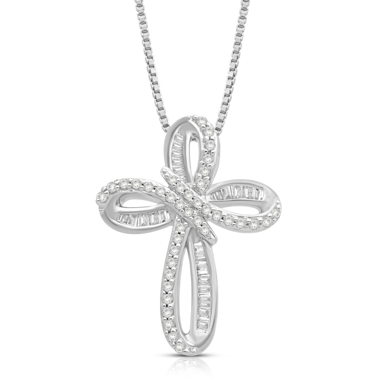 Jewelili Cross Pendant Necklace with Natural White Diamond in Sterling Silver 1/4 CTTW 