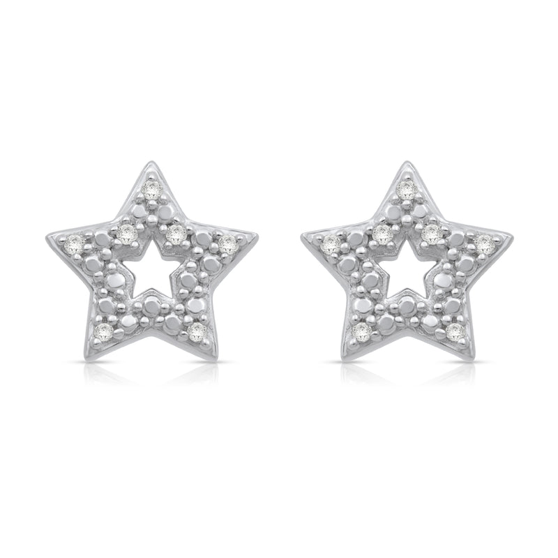 Jewelili Open Star Stud Earrings with Natural White Round Diamonds in Sterling Silver View 3