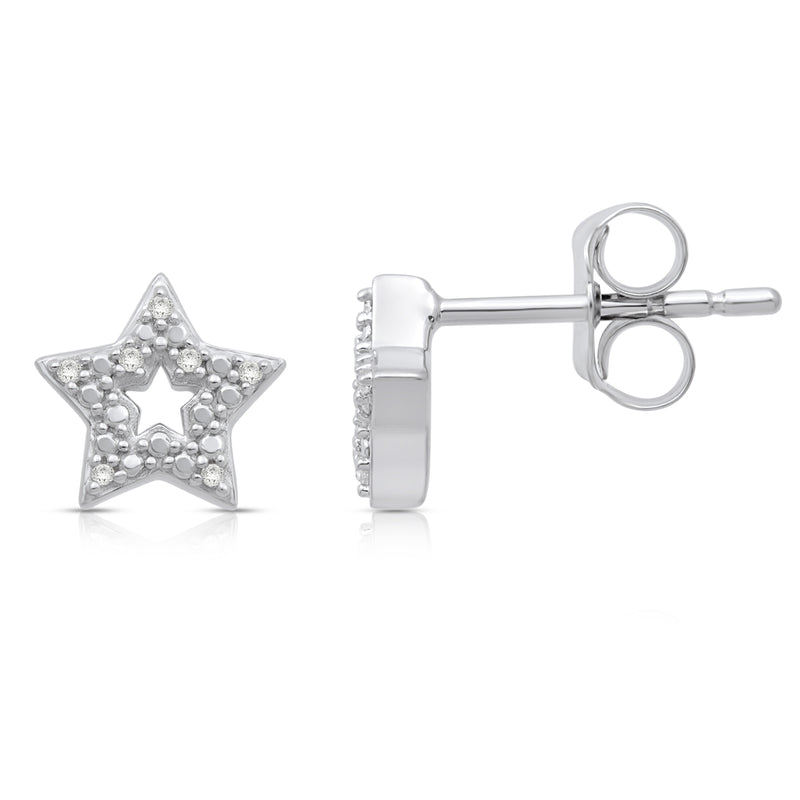 Jewelili Open Star Stud Earrings with Natural White Round Diamonds in Sterling Silver View 4