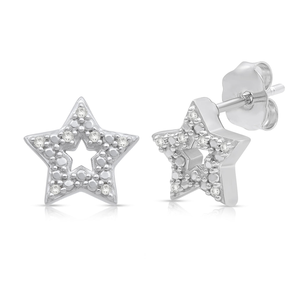 Jewelili Open Star Stud Earrings with Natural White Round Diamonds in Sterling Silver View 1