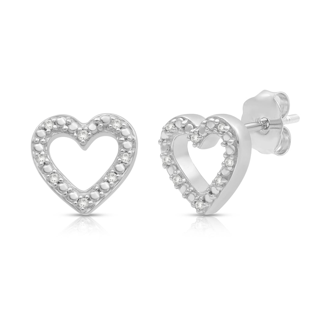 Jewelili Heart Stud Earrings with Natural White Round Diamonds in Sterling Silver View 1