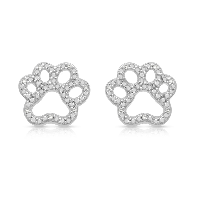 Jewelili Paw Stud Earrings with Natural White Round Diamonds in Sterling Silver View 3